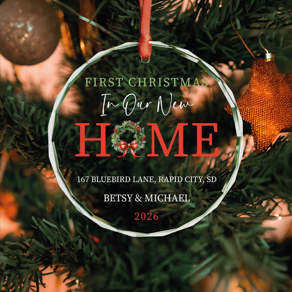 Housewarming gift glass Christmas ornament with address
