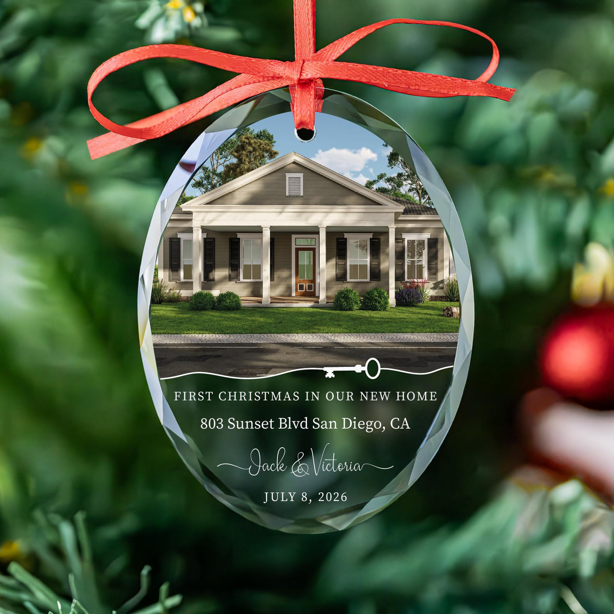 New home house photo ornament with a key in round and oval glass shapes