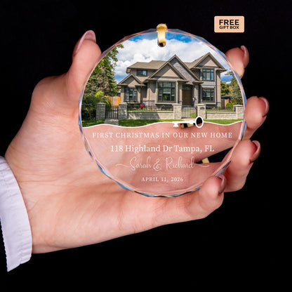 First home photo glass Christmas ornament with address