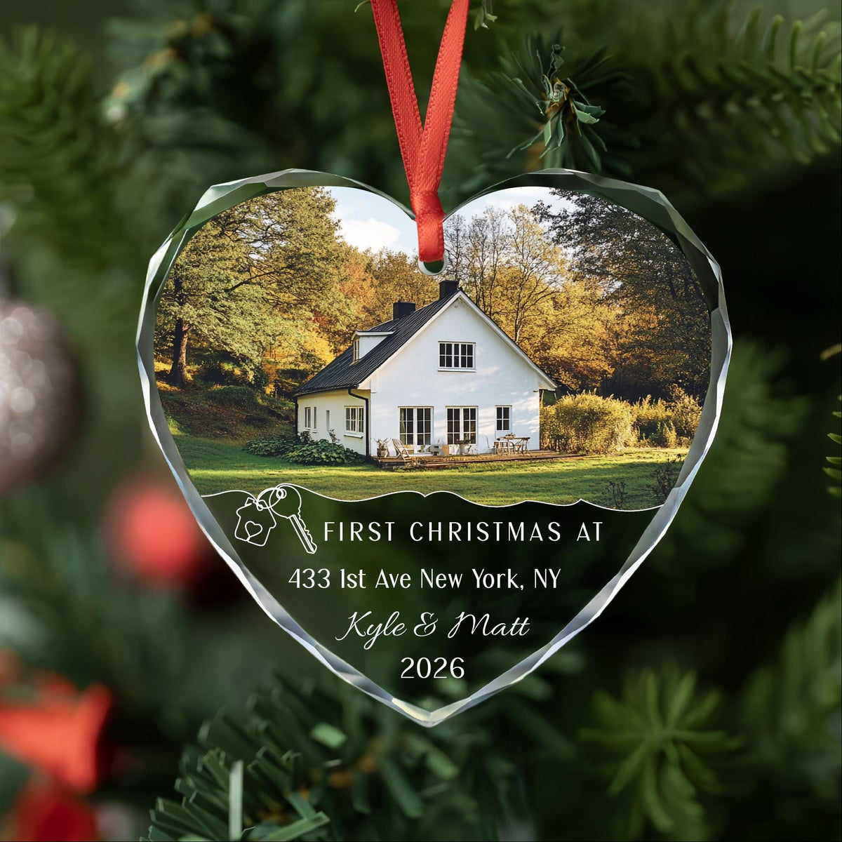 New home house photo ornament with keys in heart glass