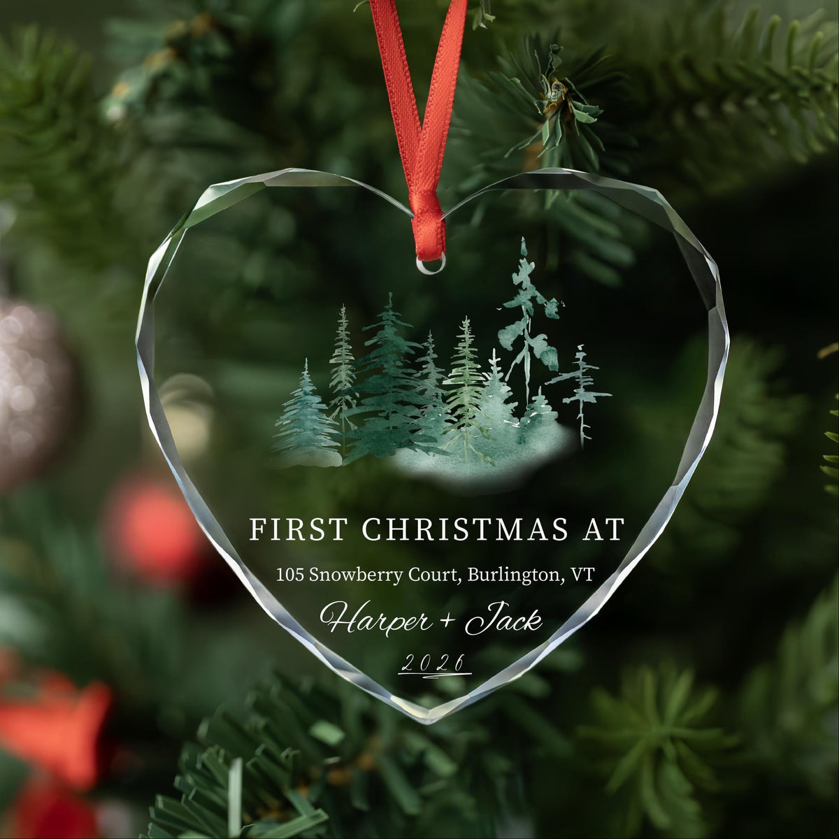 Personalized first Christmas at new home heart glass ornament with watercolor forest, address, names and year