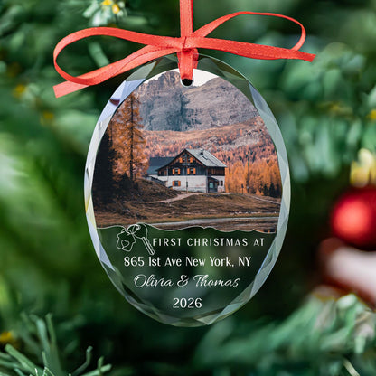 Personalized first Christmas at our new home oval glass photo ornament with house keys, address, names and year