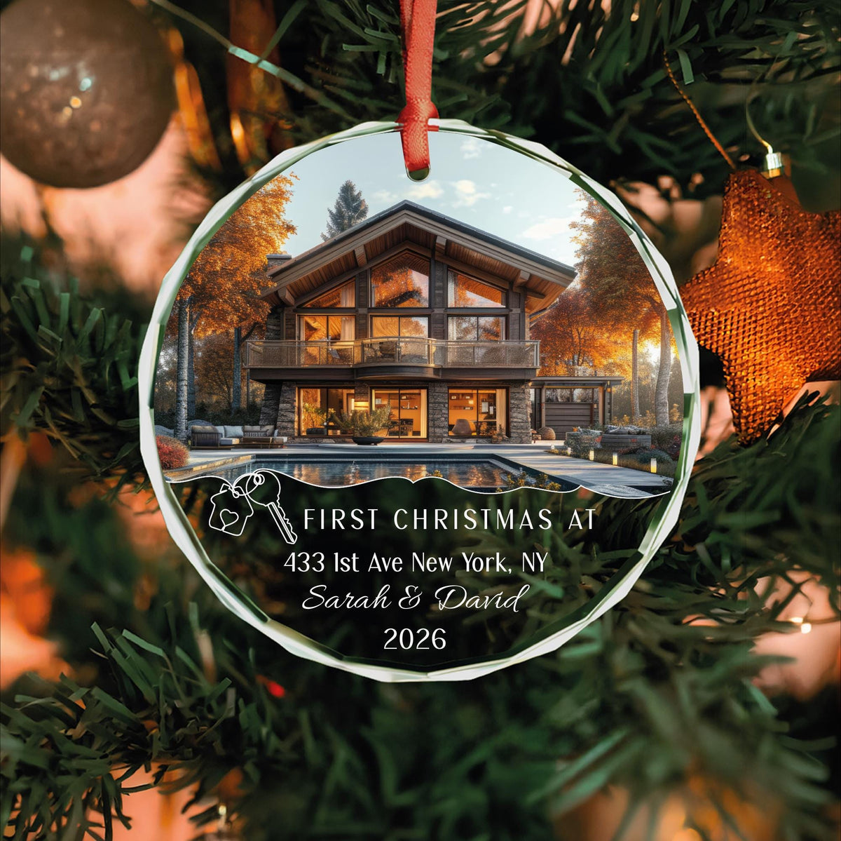 First house photo glass Christmas ornament with keys in round glass