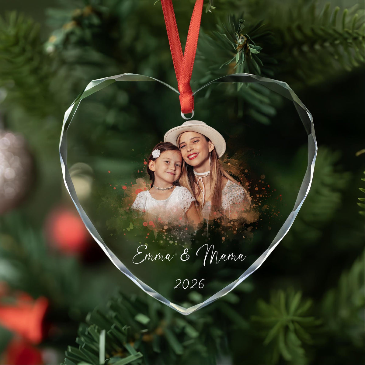 Personalized mother and daughter photo glass ornament with watercolor design