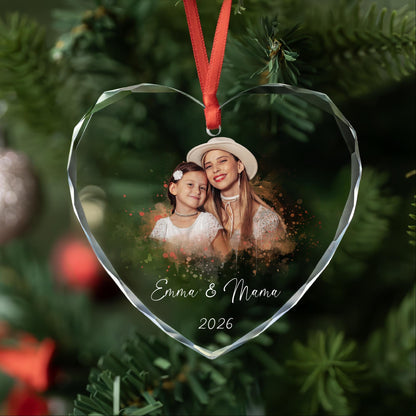 Personalized mother and daughter photo glass ornament with watercolor design