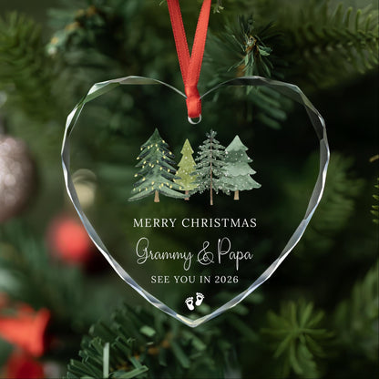 Promoted to grandparents ornament in round, heart and oval glass shapes