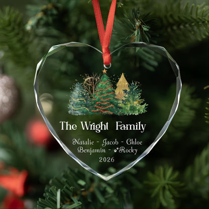 Family ornament in round, heart and oval glass shapes with names and year