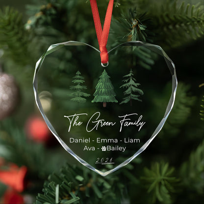 Family ornament with dog name in round, heart and oval glass shapes