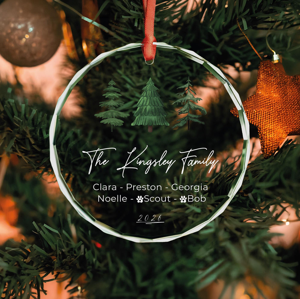 Personalized family Christmas trees glass ornament with dog name