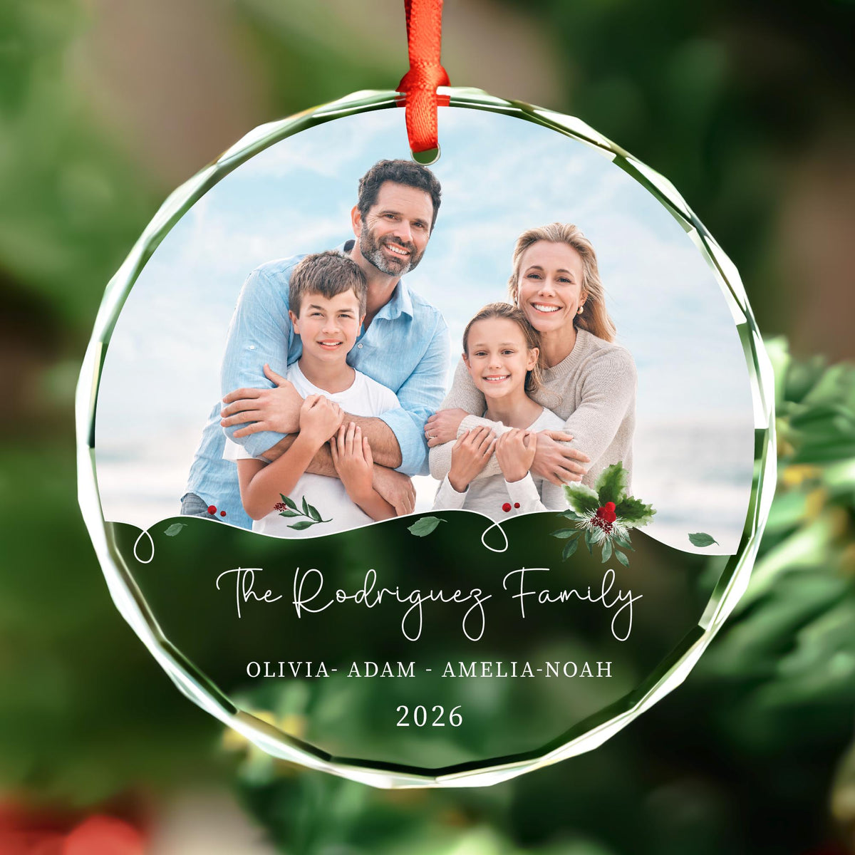Family photo holly Christmas keepsake ornament