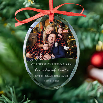 Family of three photo ornament in round, heart and oval glass shapes