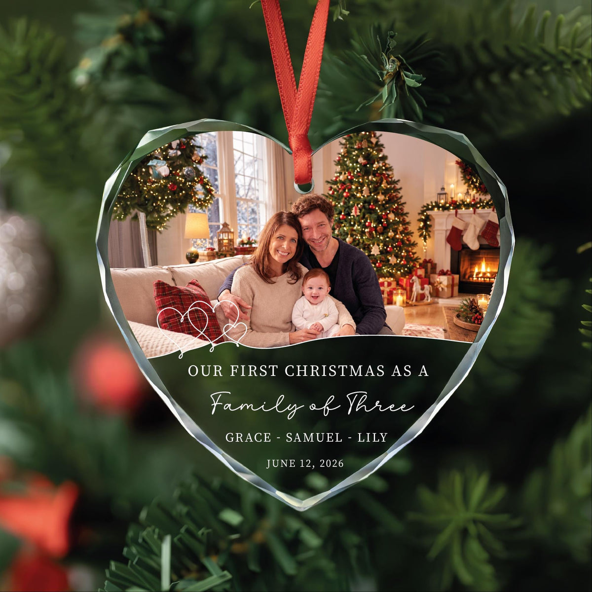 Personalized first Christmas as a family of three photo glass ornament with birth date