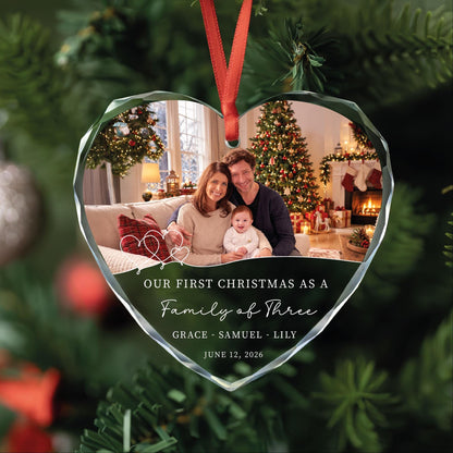 Personalized first Christmas as a family of three photo glass ornament with birth date
