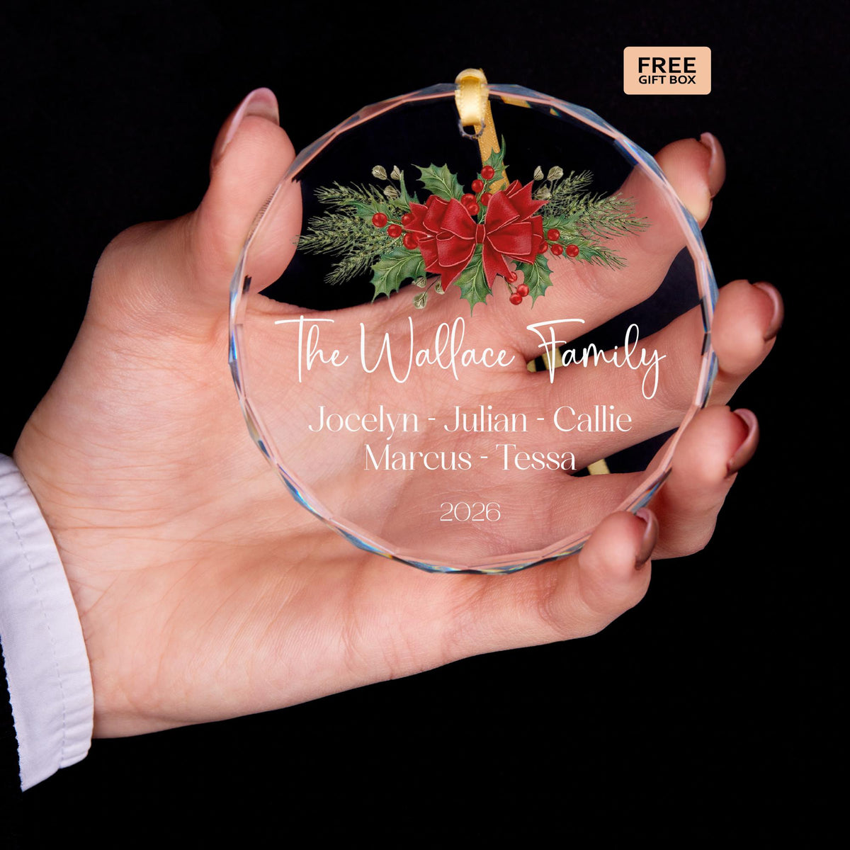 Red bow family Christmas glass ornament