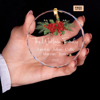 Red bow family Christmas glass ornament