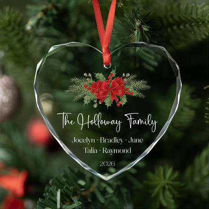 Red bow holly family ornament in round, heart and oval glass shapes