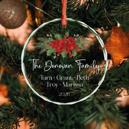 Personalized family glass ornament with red bow and holly, names and year