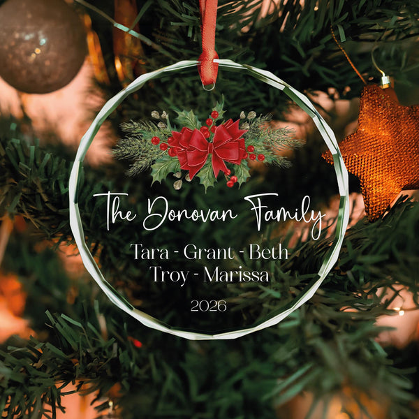 Personalized Family Christmas Ornament with Red Bow and Holly, Names and Year