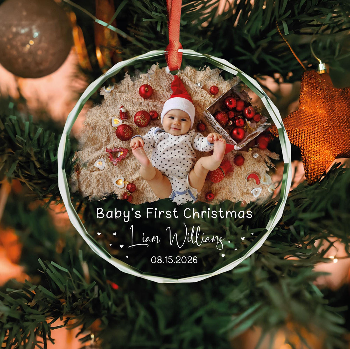 Custom baby photo round glass first Christmas ornament with name and date