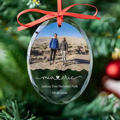 Couple travel photo ornament in round, heart and oval glass shapes