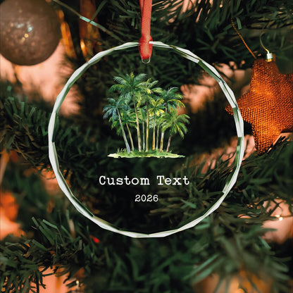 Tropical palm tree ornament in round, heart and oval glass shapes