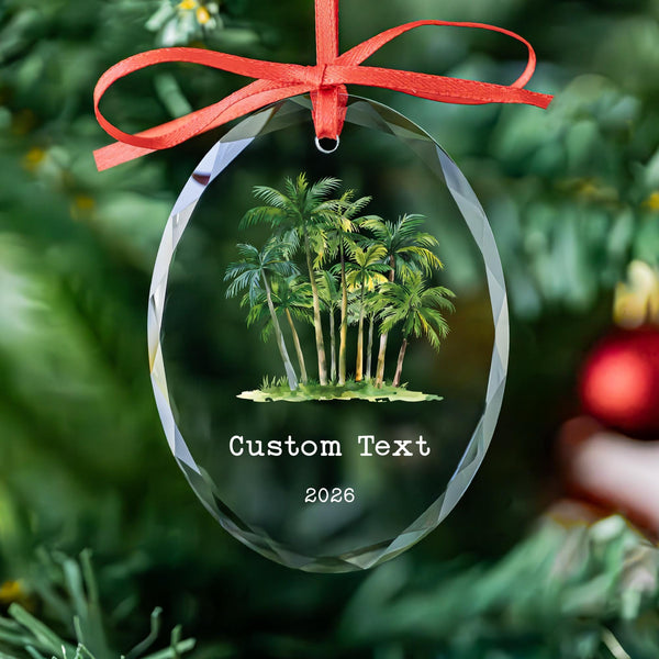 Personalized Palm Tree Christmas Ornament with Custom Text, Tropical Glass Keepsake
