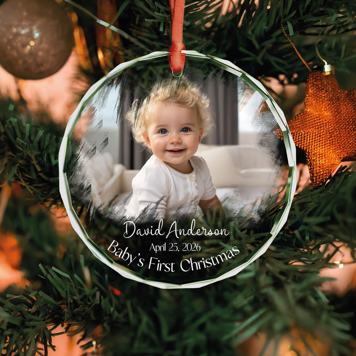 Personalized baby first Christmas picture glass ornament with fade photo frame and name