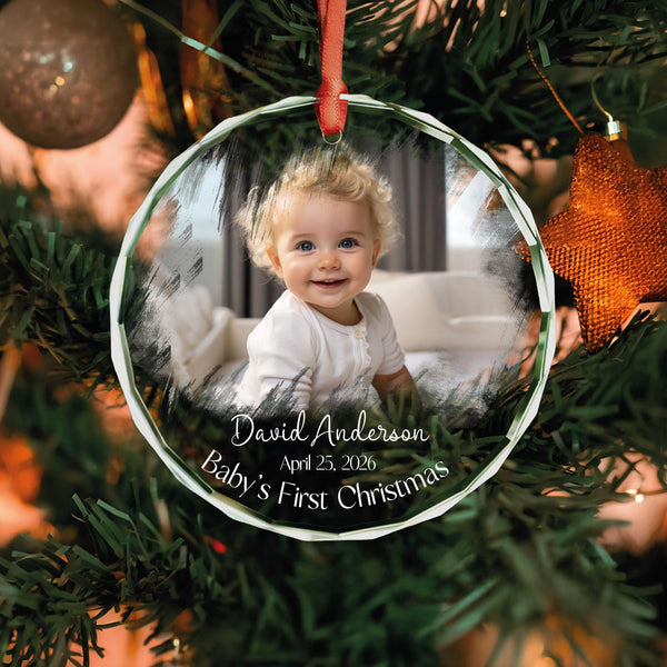 Baby First Christmas Picture Ornament with Fade Photo Frame and Name, Round Glass Keepsake