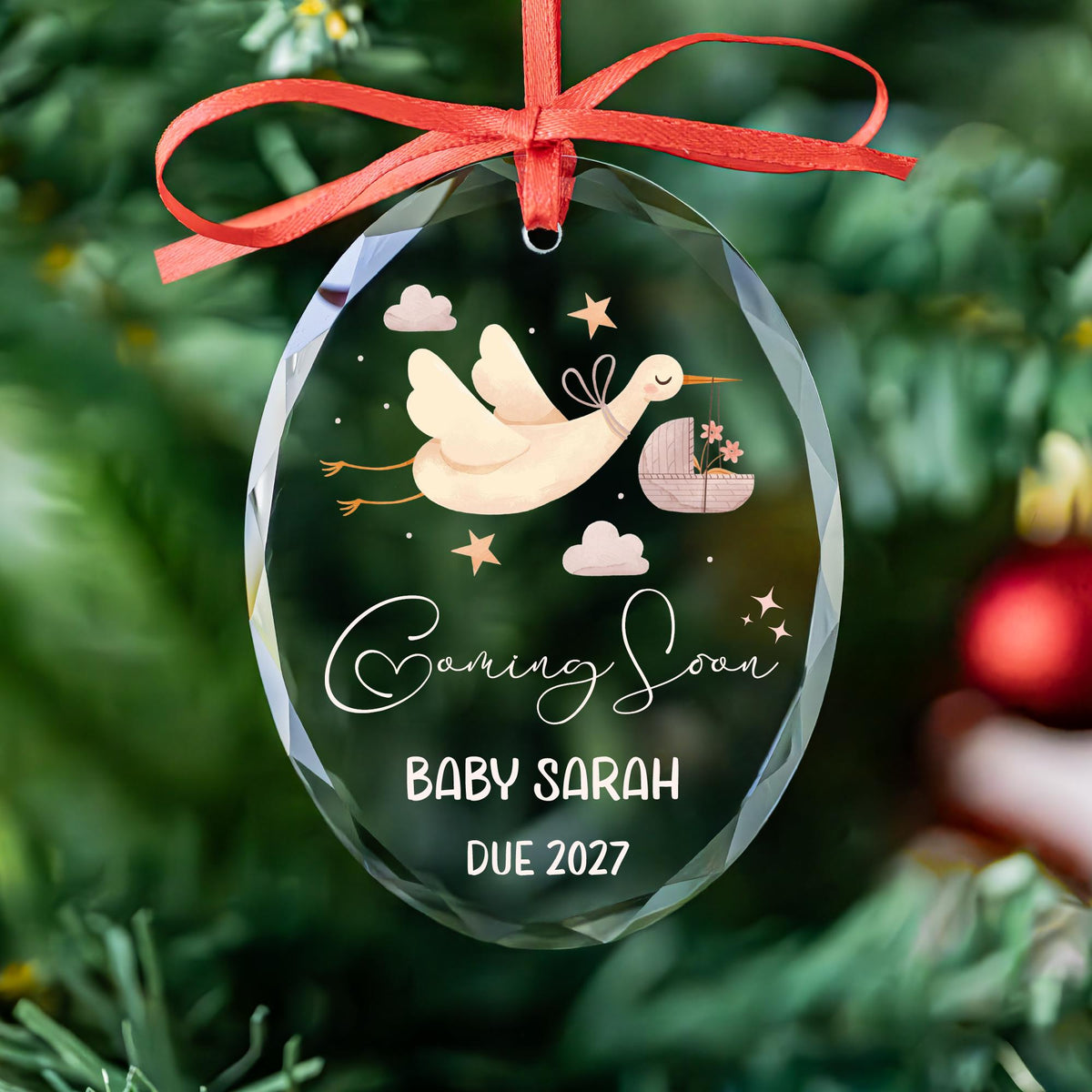 Personalized coming soon baby glass ornament with stork