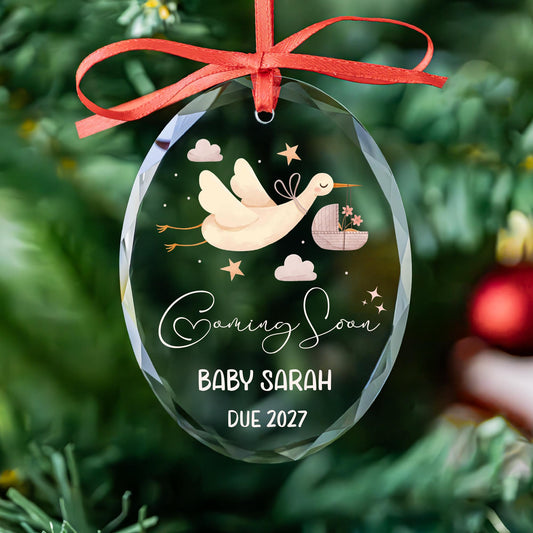 Personalized coming soon baby glass ornament with stork