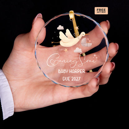Stork pregnancy announcement glass ornament