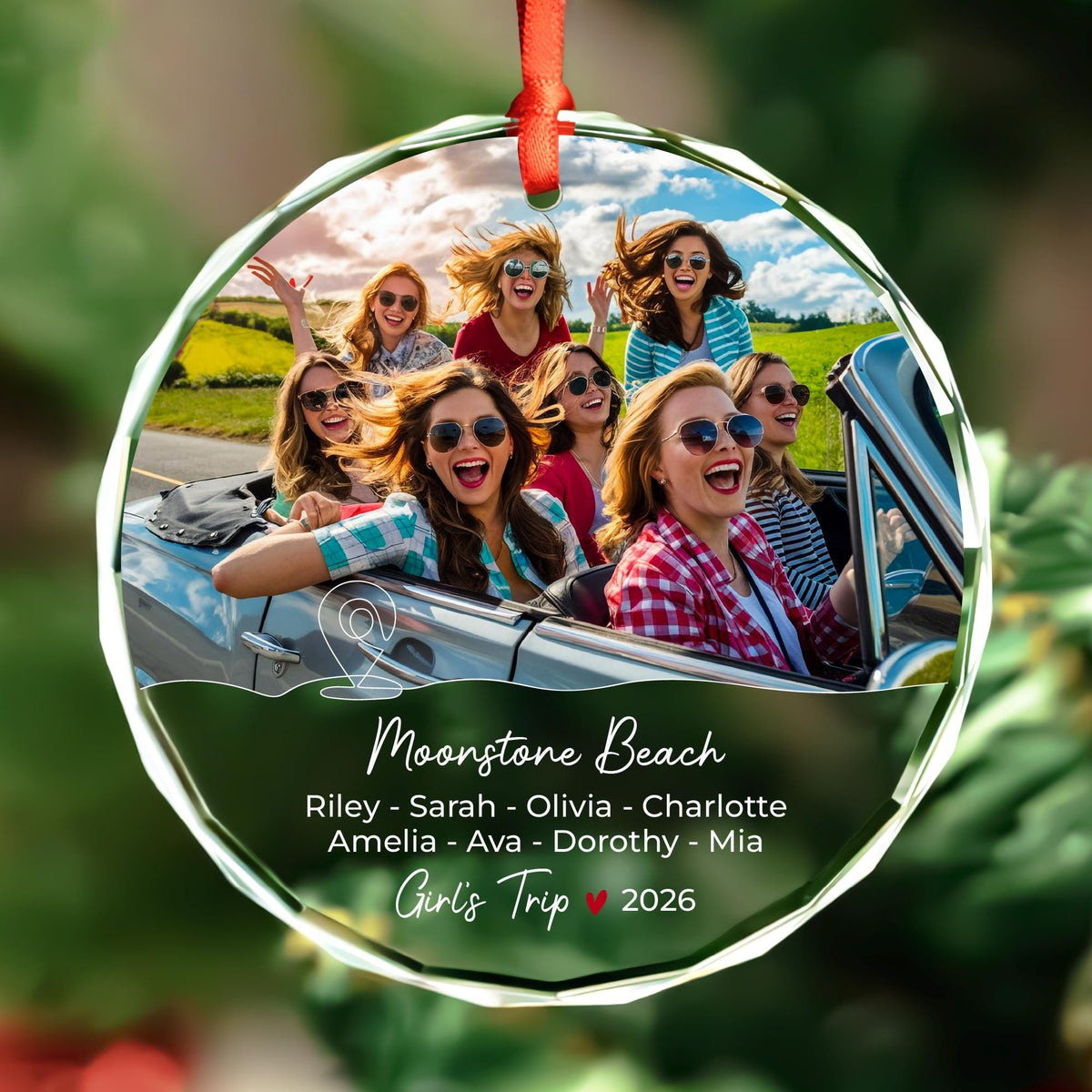 Personalized girls trip photo glass ornament with friends names and location