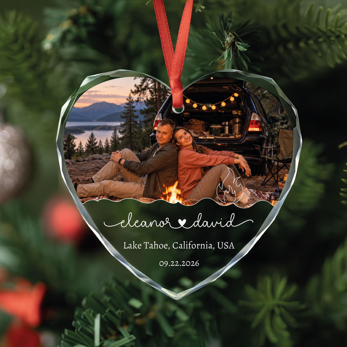 Personalized couple photo glass ornament with names, place and date