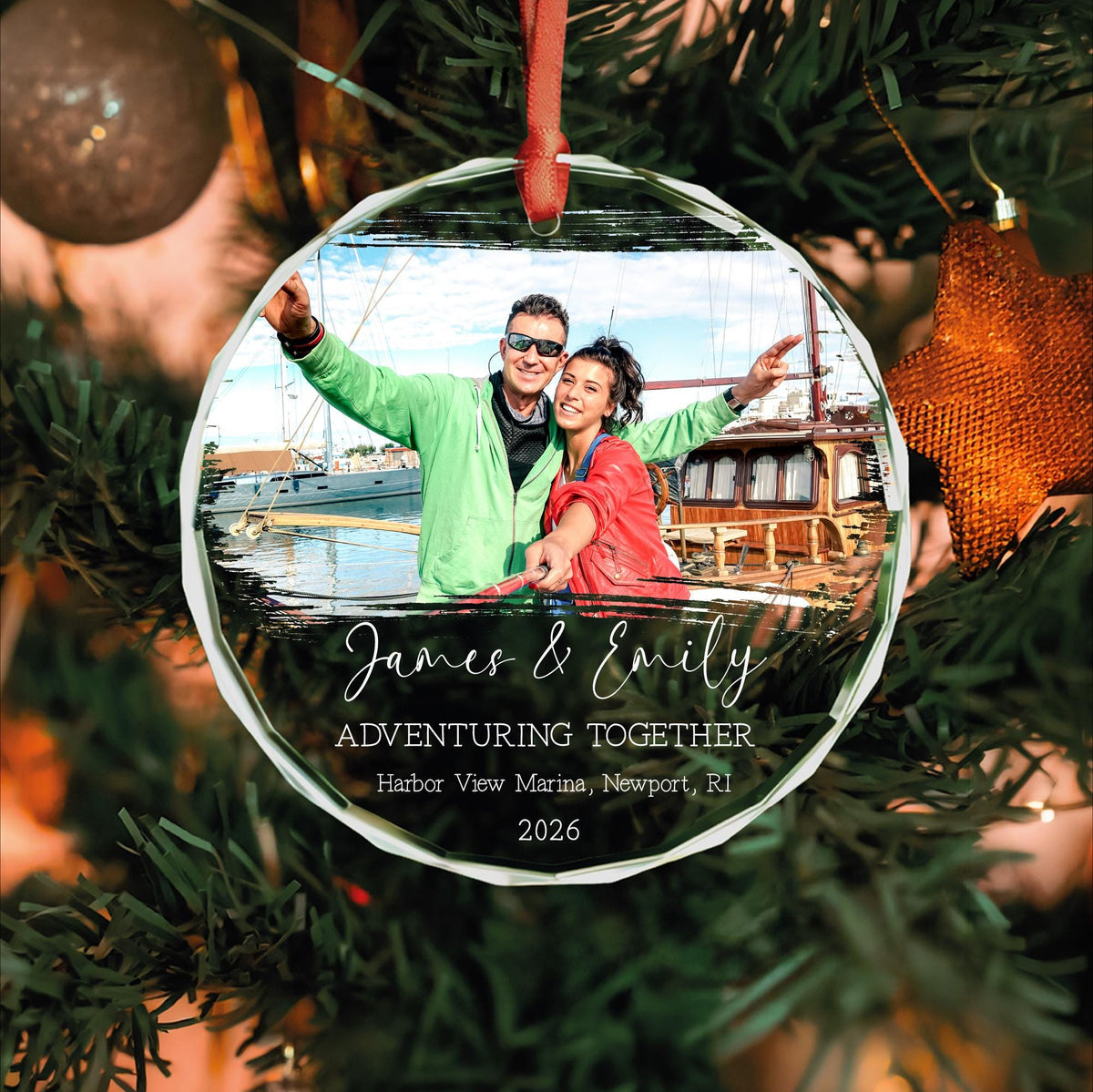 Together trip ornament in round, heart and oval glass shapes
