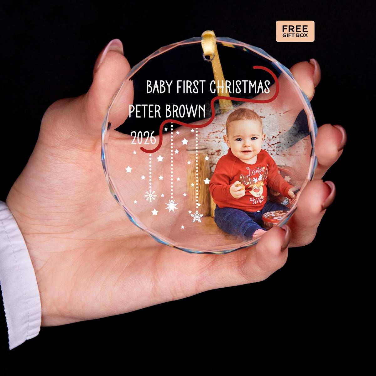 Baby first Christmas photo keepsake ornament with name