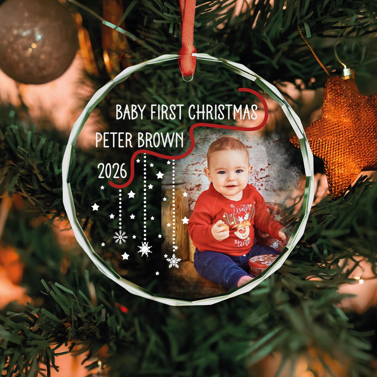 Modern personalized baby first Christmas photo glass ornament with red ribbon design