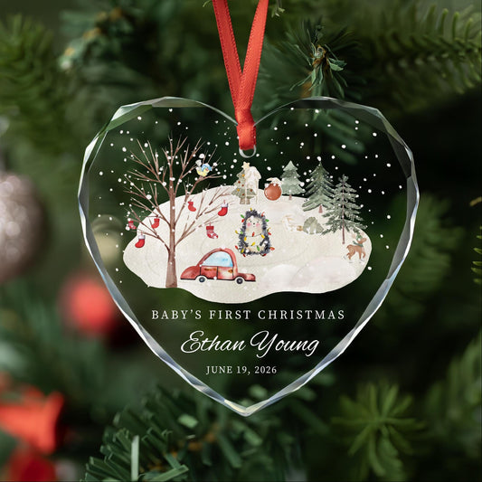 Personalized snowy village baby first Christmas glass ornament with woodland friends
