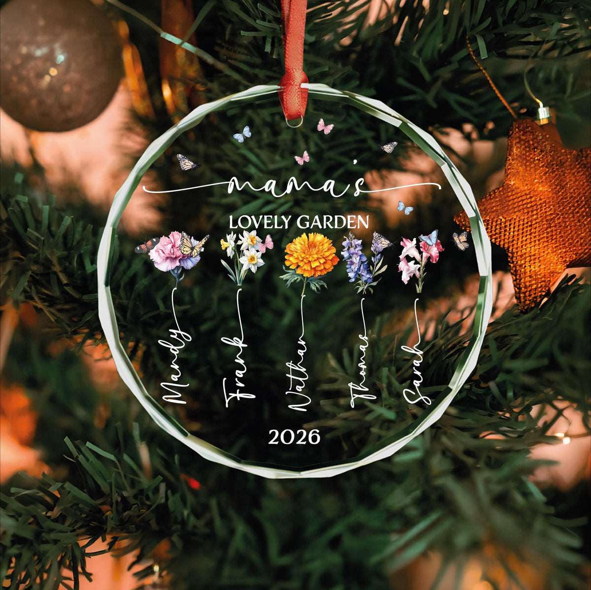 Mama's garden birth flower ornament in round, heart and oval glass shapes