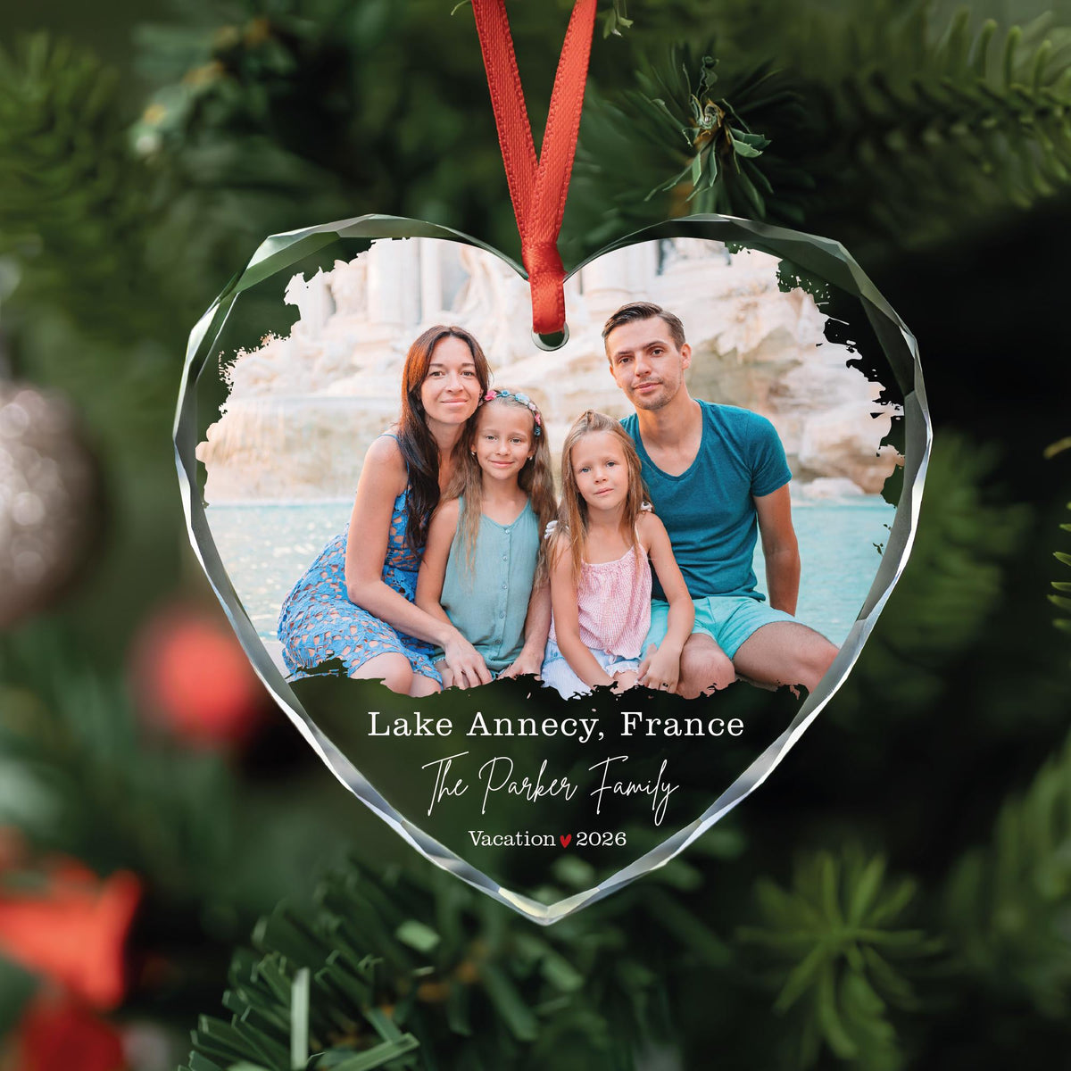 Travel photo ornament in round, heart and oval glass shapes