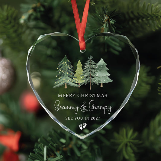 Personalized pregnancy announcement glass ornament for grandparents with watercolor trees and baby feet