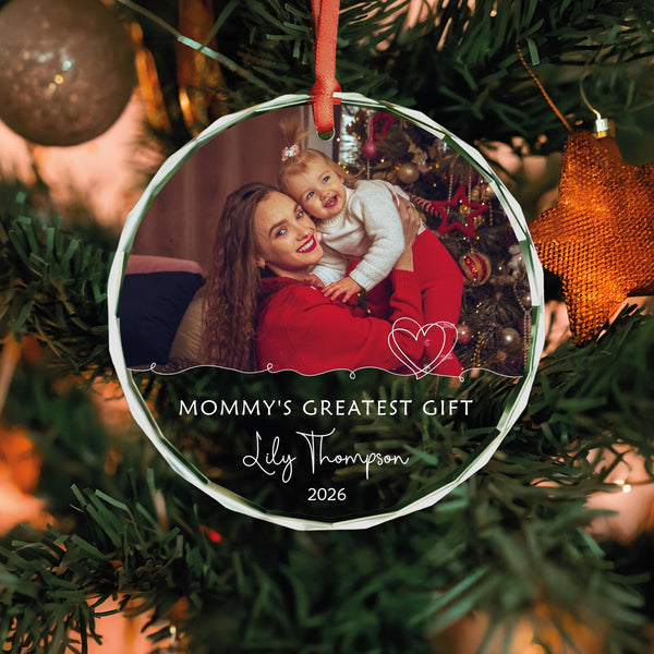 Personalized Mommy's Greatest Gift Photo Ornament with Name and Year, Mom and Child Glass Keepsake
