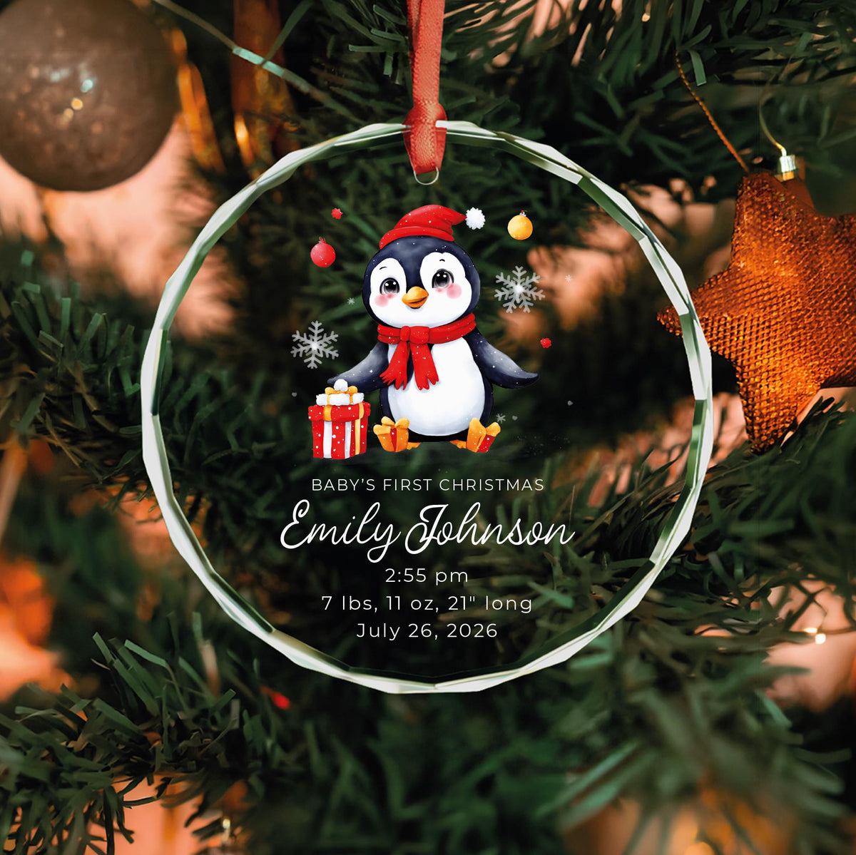 Cute penguin with red hat and gift baby ornament