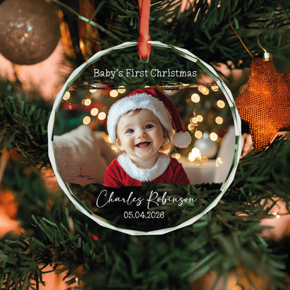 Baby's first Christmas round glass photo ornament with brush stroke frame