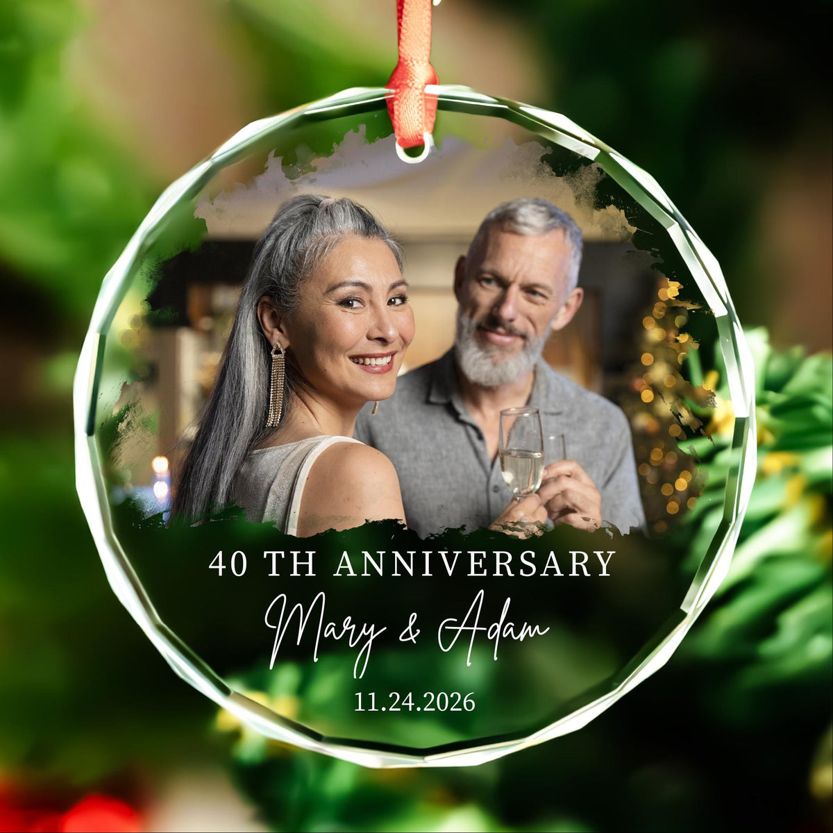 Personalized ruby 40th anniversary glass ornament with photo, names and date