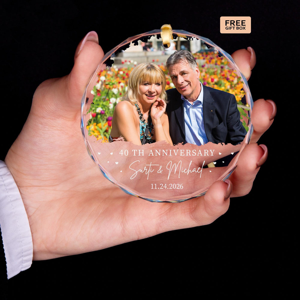 Ruby anniversary couple photo glass ornament
