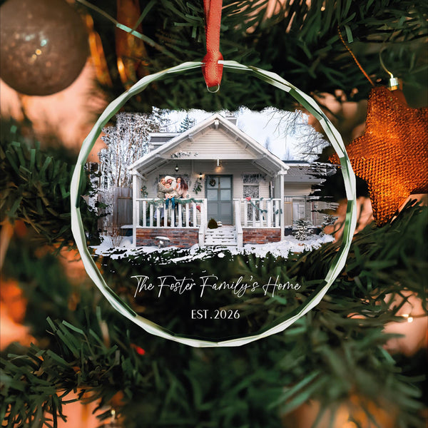 Family Home Photo Ornament with Family Name and Established Year, Snowy House Photo, Personalized Glass Keepsake