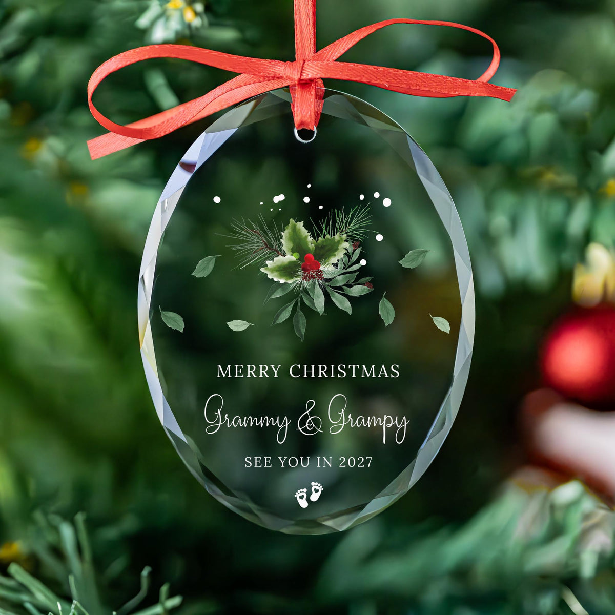 Personalized holly berry pregnancy reveal glass ornament for Grammy and Grampy