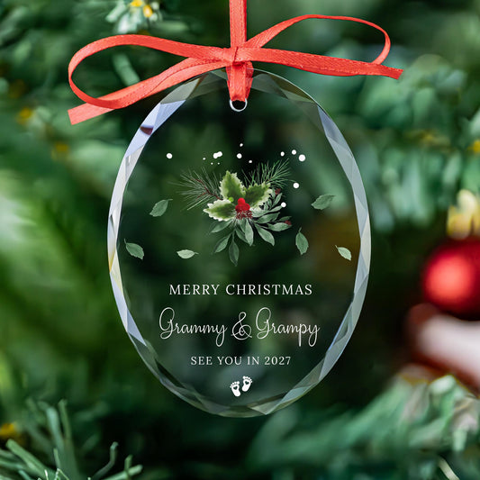 Personalized holly berry pregnancy reveal glass ornament for Grammy and Grampy