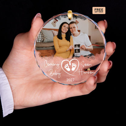Pregnancy announcement ornament with couple photo and last name