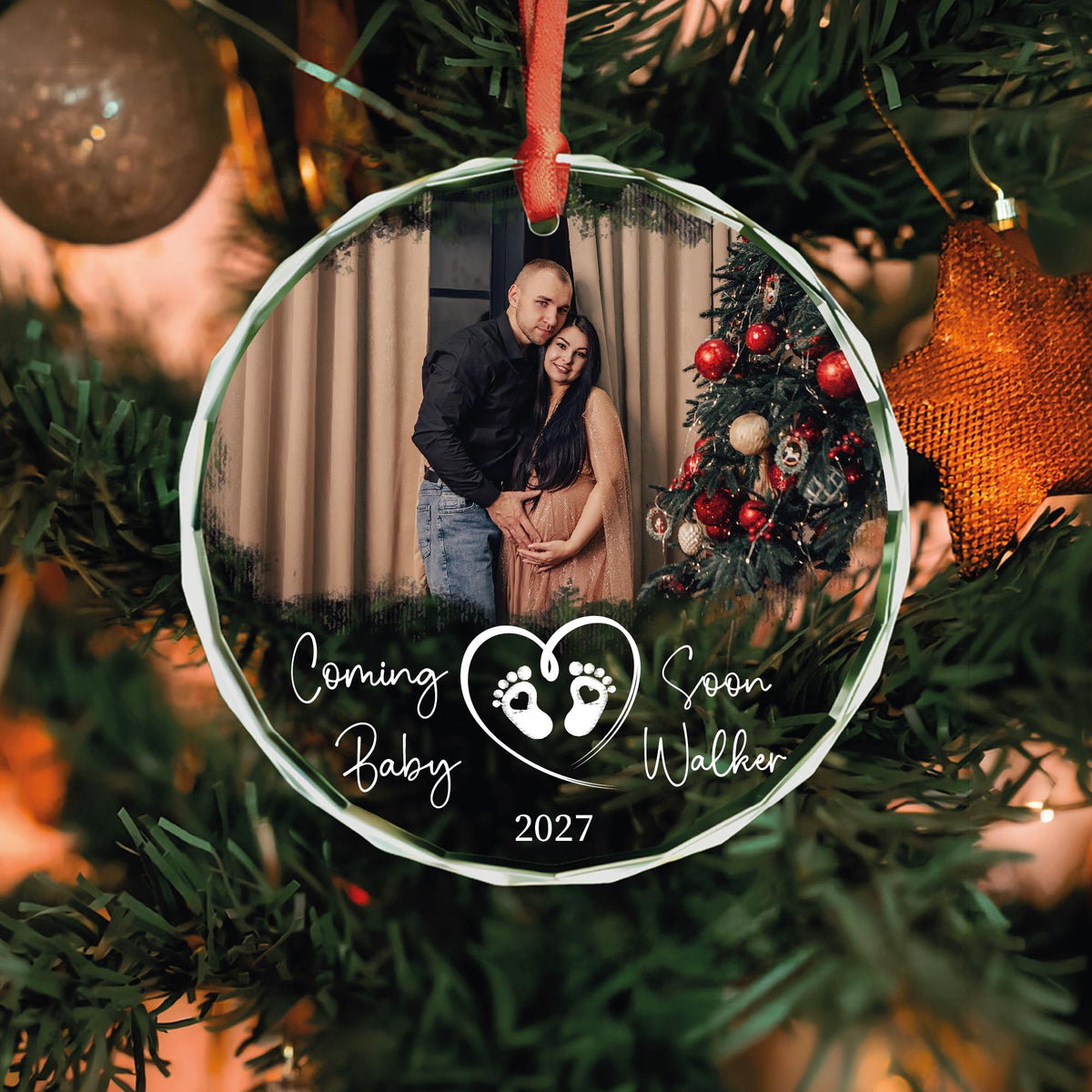 Coming soon baby 2027 round glass photo ornament with heart baby feet